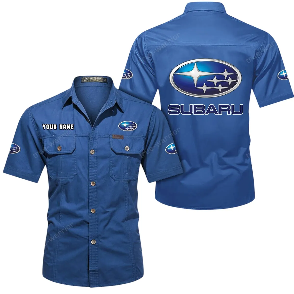 Classic Auto Lovers Gift Short Sleeved Shirt, Button Up Shirt Exclusive Logo For Car Owners CAR444052625828 - Cowboy Blue