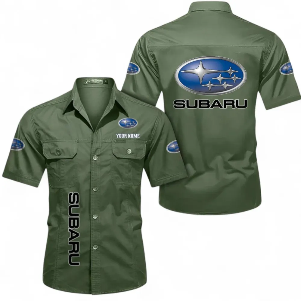 Classic Auto Short Sleeved Shirt, Button up Shirt Exclusive Logo For Car Owners, Custom Name CAR392072125804-Army Green