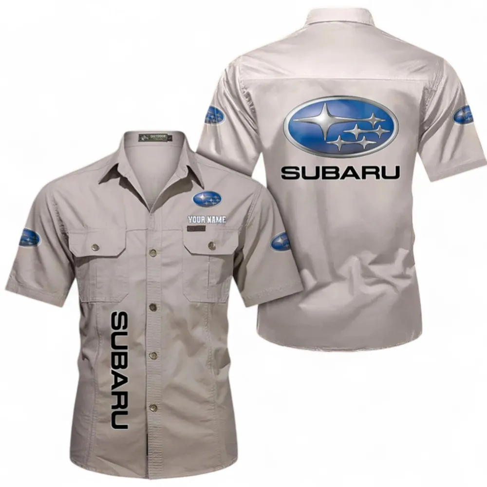 Classic Auto Short Sleeved Shirt, Button up Shirt Exclusive Logo For Car Owners, Custom Name CAR392072125804-Beige