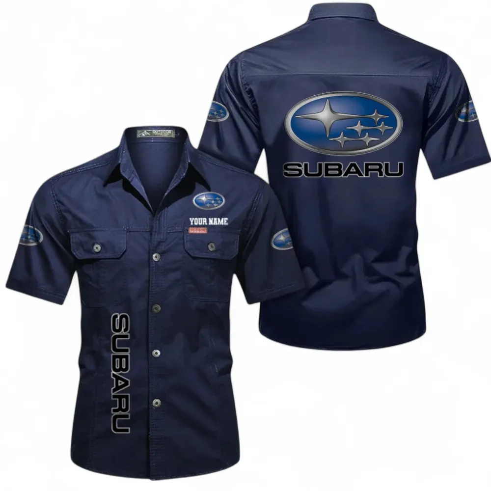 Classic Auto Short Sleeved Shirt, Button up Shirt Exclusive Logo For Car Owners, Custom Name CAR392072125804-Dark Blue