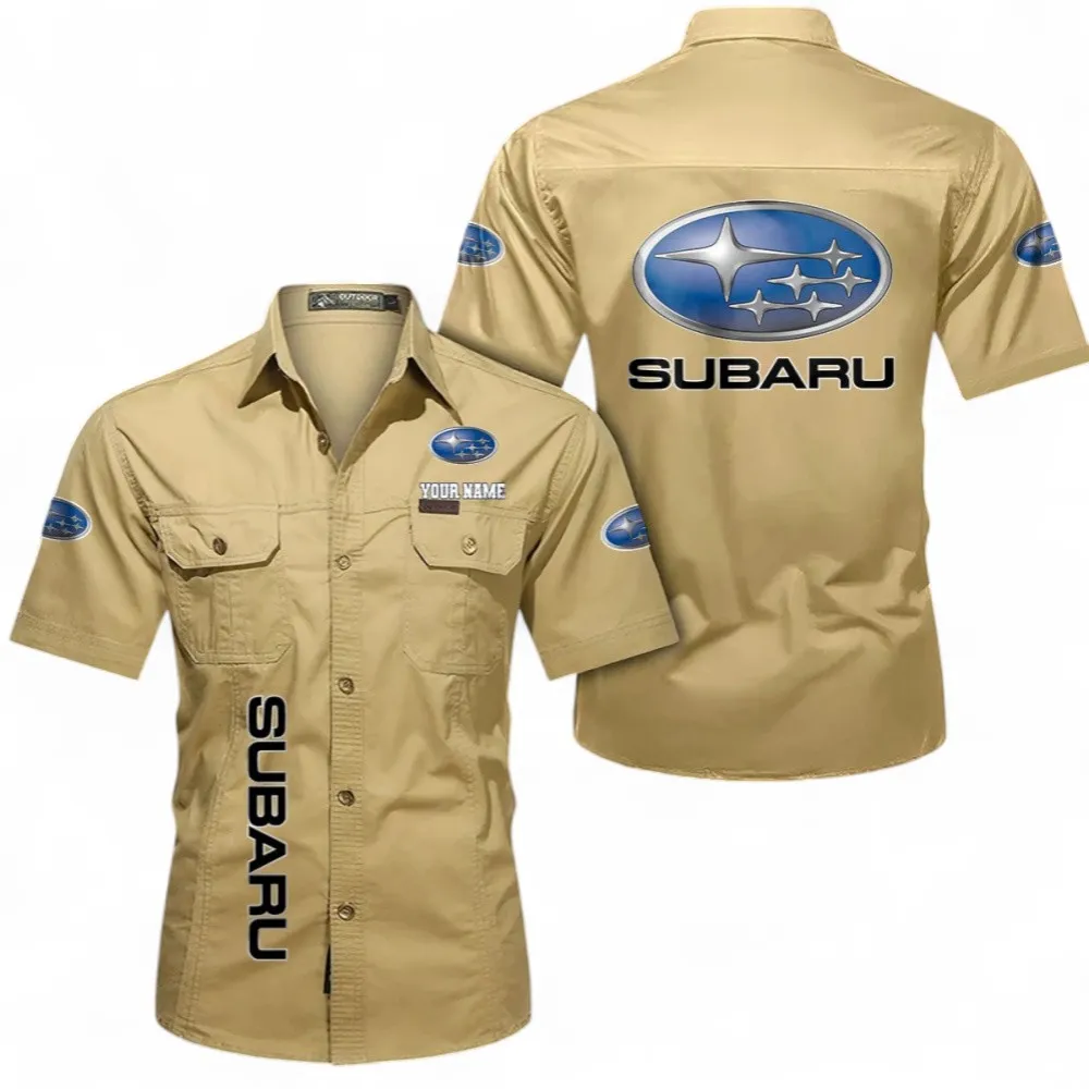 Classic Auto Short Sleeved Shirt, Button up Shirt Exclusive Logo For Car Owners, Custom Name CAR392072125804-Khaki
