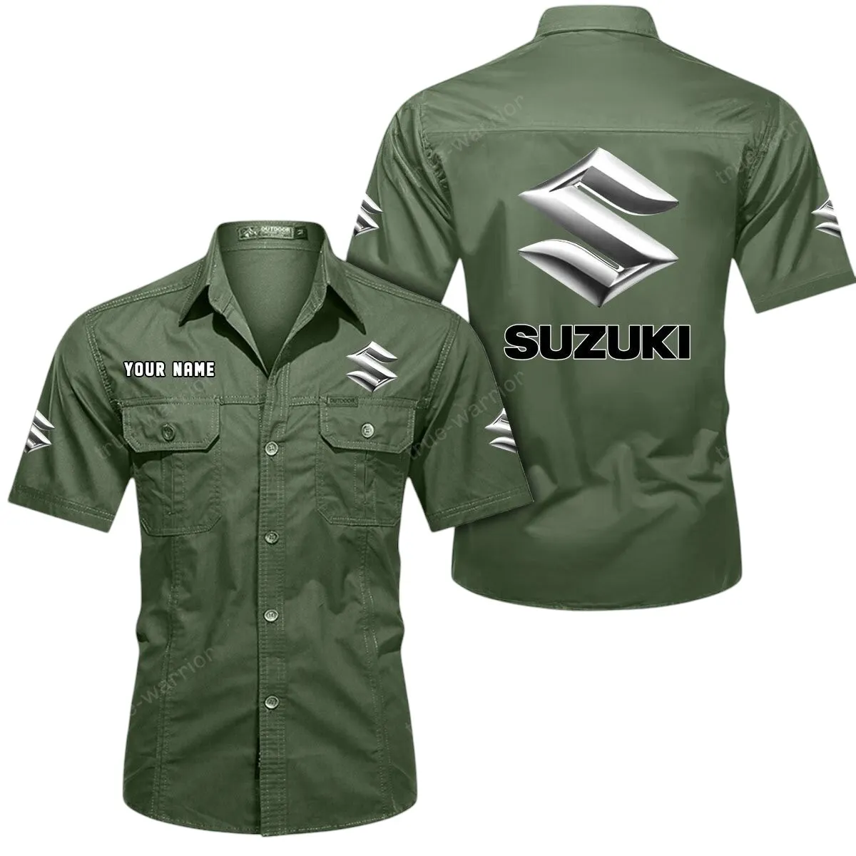 Classic Car Lovers Gift Short Sleeved Shirt, Button Up Shirt Exclusive Logo For Car Owners CAR444052625832 - Army Green