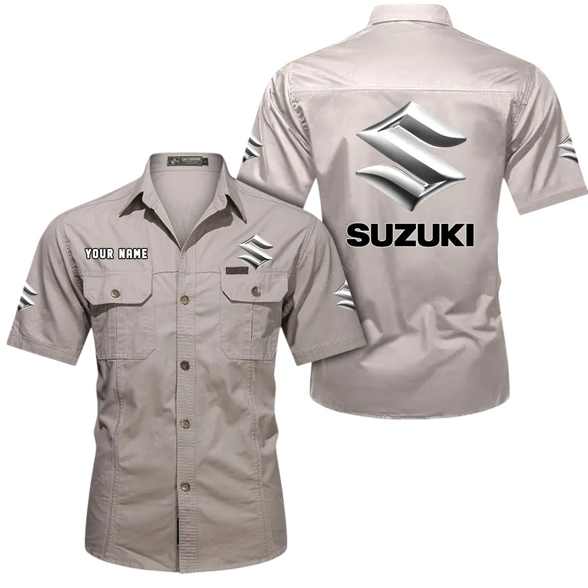 Classic Car Lovers Gift Short Sleeved Shirt, Button Up Shirt Exclusive Logo For Car Owners CAR444052625832 - Beige