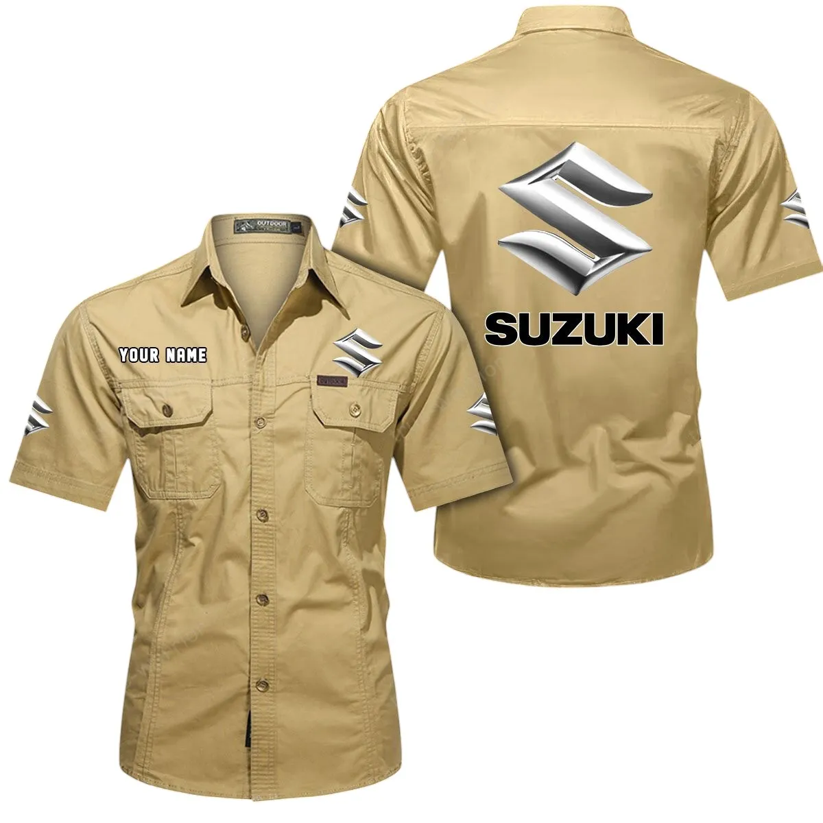 Classic Car Lovers Gift Short Sleeved Shirt, Button Up Shirt Exclusive Logo For Car Owners CAR444052625832 - Khaki