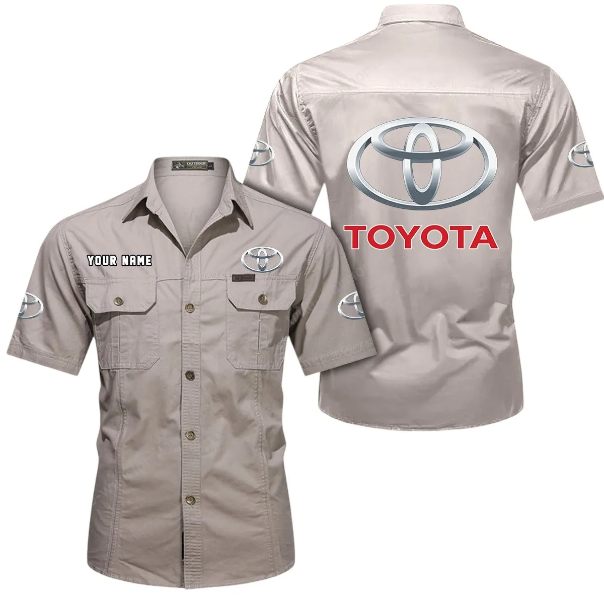 Classic Car Lovers Gift Short Sleeved Shirt, Button Up Shirt Exclusive Logo For Car Owners CAR444052625870 - Beige