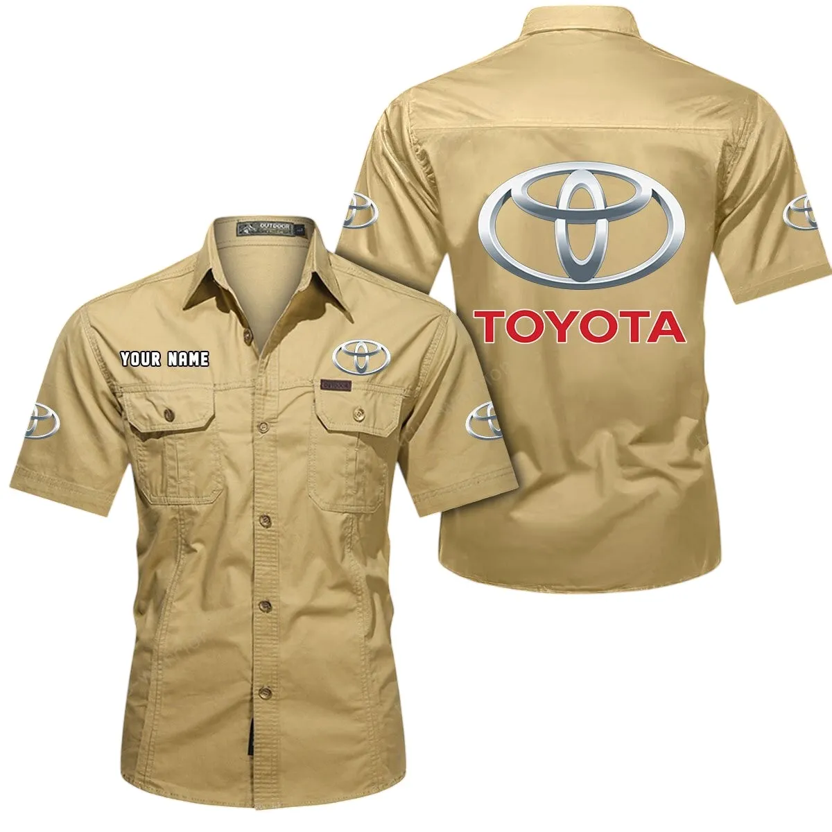 Classic Car Lovers Gift Short Sleeved Shirt, Button Up Shirt Exclusive Logo For Car Owners CAR444052625870 - Khaki