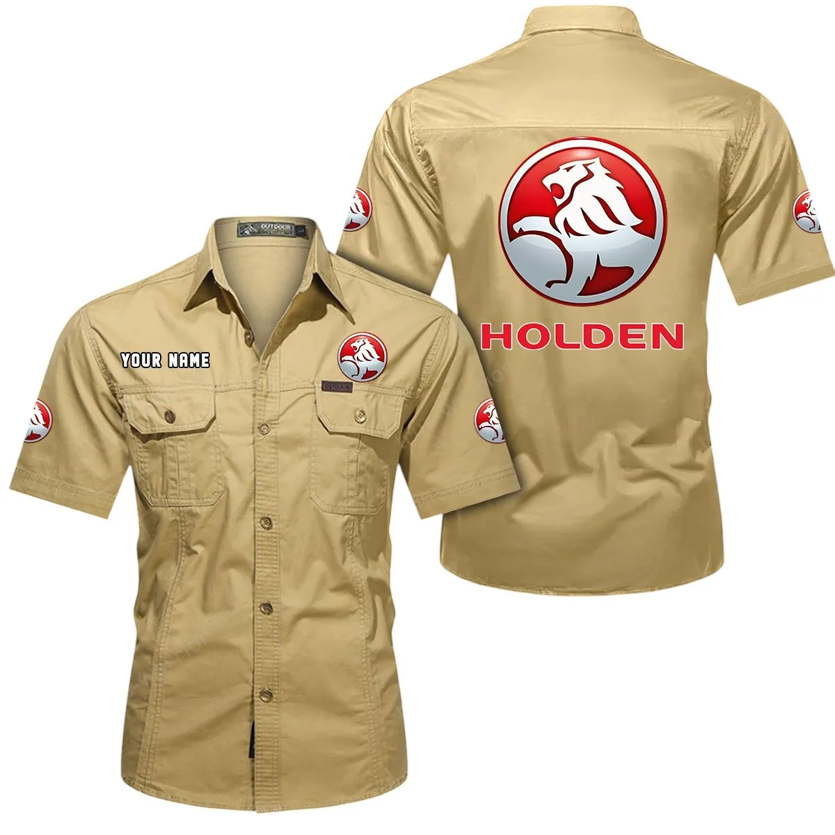 Classic Car Lovers Gift Short Sleeved Shirt, Button Up Shirt Exclusive Logo For Car Owners CAR444052625888 - Khaki