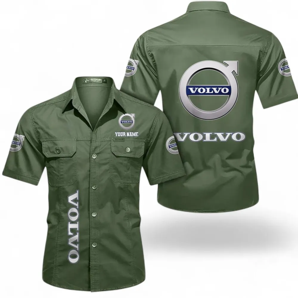 Classic Car Short Sleeved Shirt, Button up Shirt Exclusive Logo For Car Owners, Custom Name CAR392072125779-Army Green