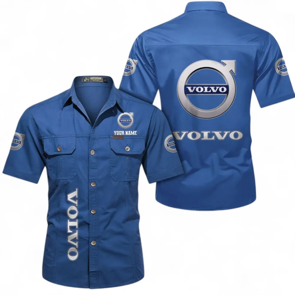 Classic Car Short Sleeved Shirt, Button up Shirt Exclusive Logo For Car Owners, Custom Name CAR392072125779-Cowboy Blue