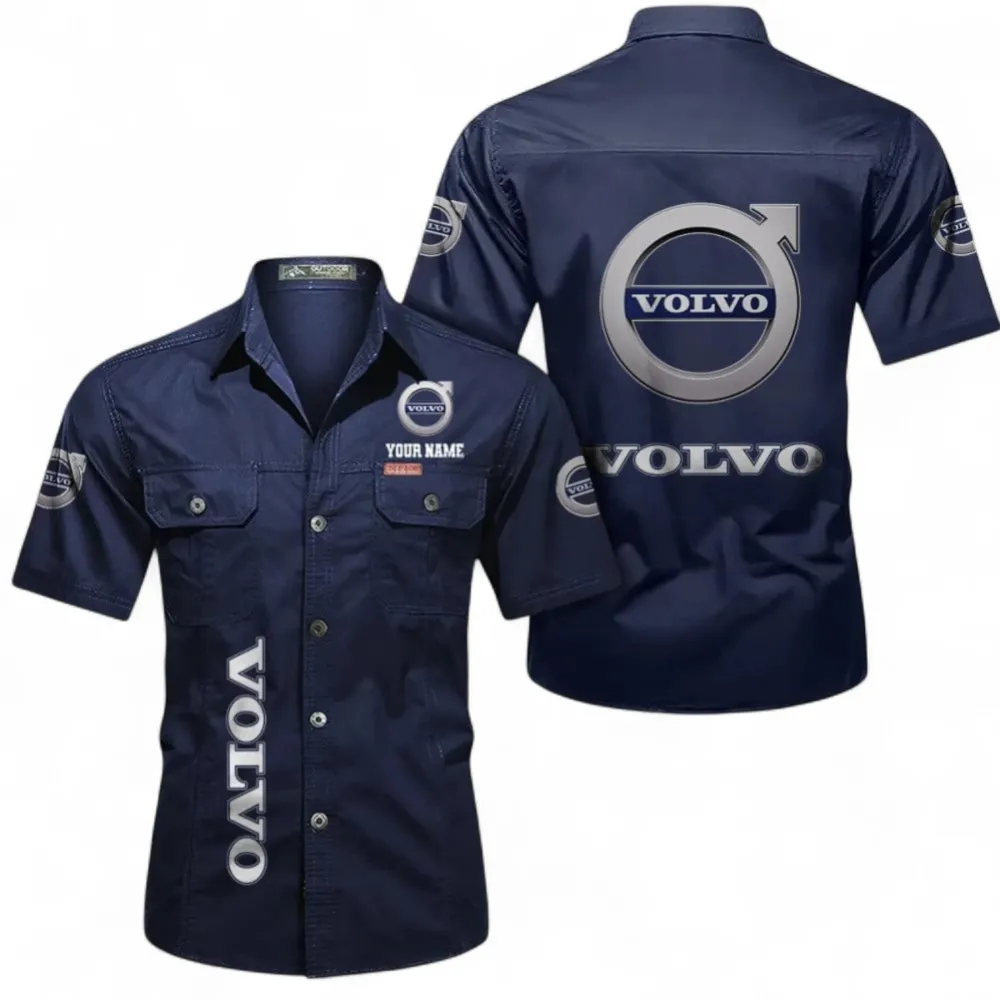 Classic Car Short Sleeved Shirt, Button up Shirt Exclusive Logo For Car Owners, Custom Name CAR392072125779-Dark Blue