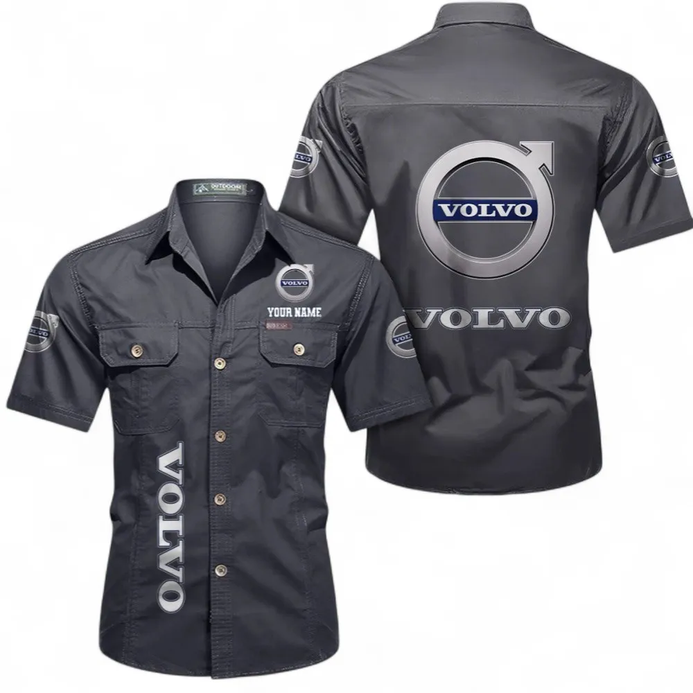 Classic Car Short Sleeved Shirt, Button up Shirt Exclusive Logo For Car Owners, Custom Name CAR392072125779-Gray