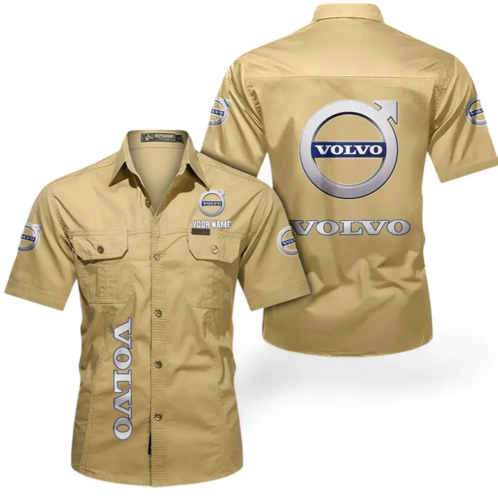 Classic Car Short Sleeved Shirt, Button up Shirt Exclusive Logo For Car Owners, Custom Name CAR392072125779-Khaki