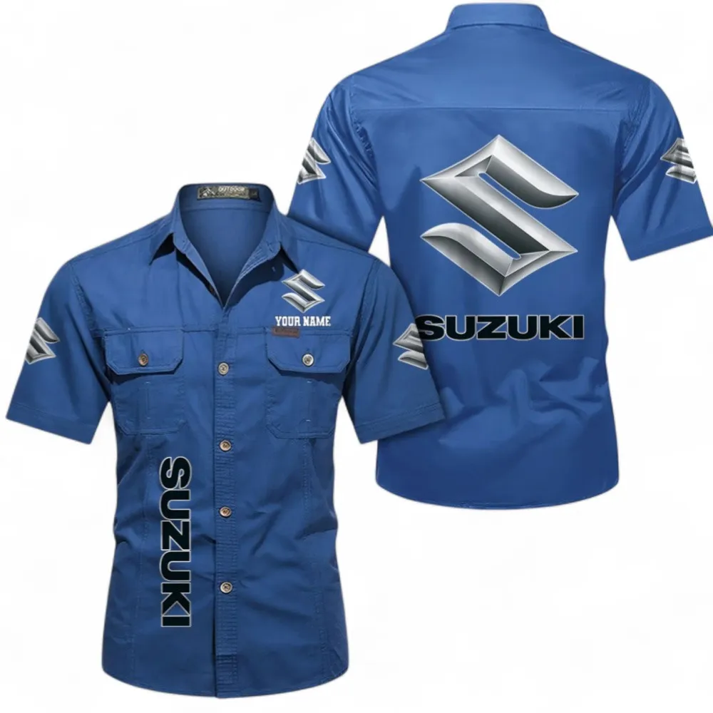 Classic Car Short Sleeved Shirt, Button up Shirt Exclusive Logo For Car Owners, Custom Name CAR392072125799-Cowboy Blue