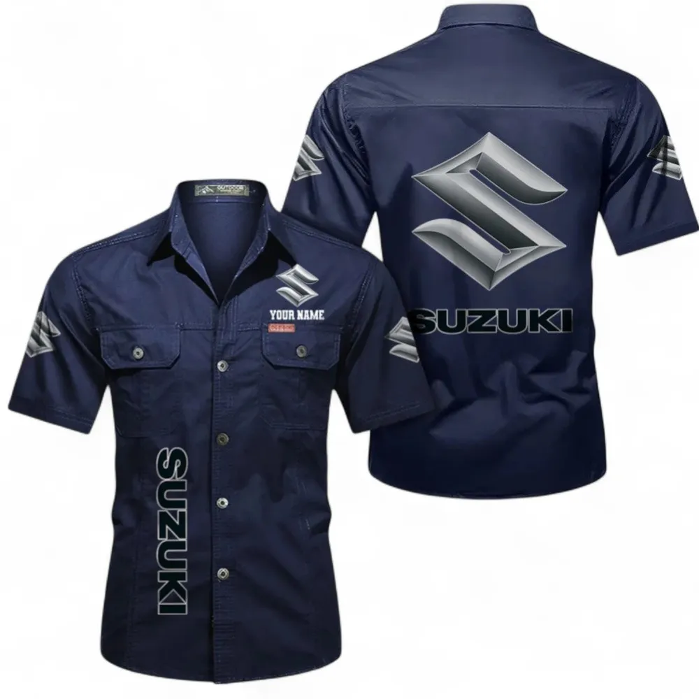 Classic Car Short Sleeved Shirt, Button up Shirt Exclusive Logo For Car Owners, Custom Name CAR392072125799-Dark Blue