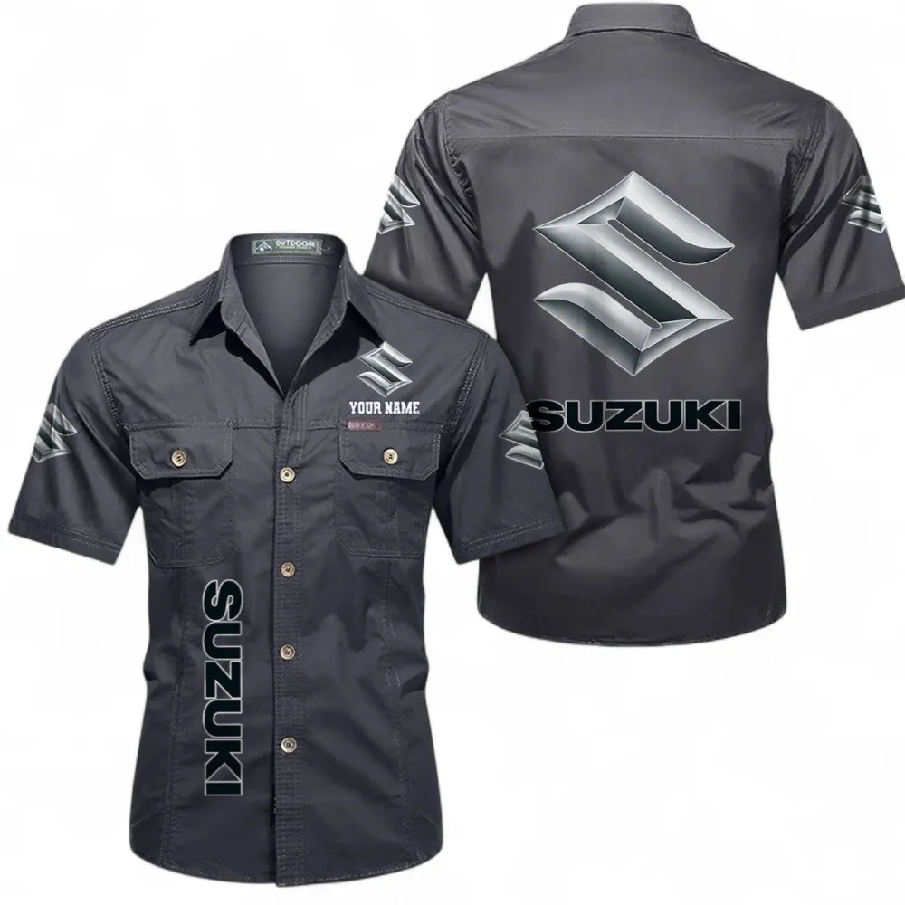 Classic Car Short Sleeved Shirt, Button up Shirt Exclusive Logo For Car Owners, Custom Name CAR392072125799-Gray