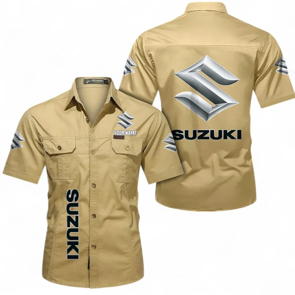 Classic Car Short Sleeved Shirt, Button up Shirt Exclusive Logo For Car Owners, Custom Name CAR392072125799-Khaki