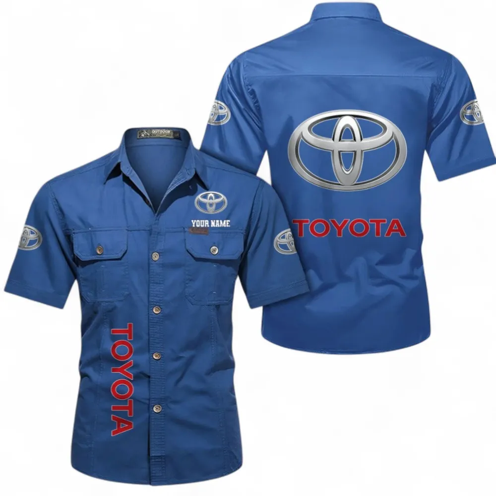 Classic Car Short Sleeved Shirt, Button up Shirt Exclusive Logo For Car Owners, Custom Name CAR392072125800-Cowboy Blue