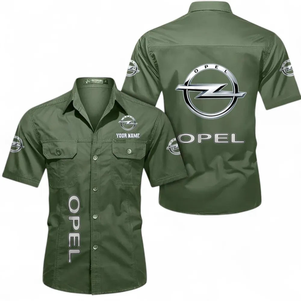 Classic Car Short Sleeved Shirt, Button up Shirt Exclusive Logo For Car Owners, Custom Name CAR392072125841-Army Green