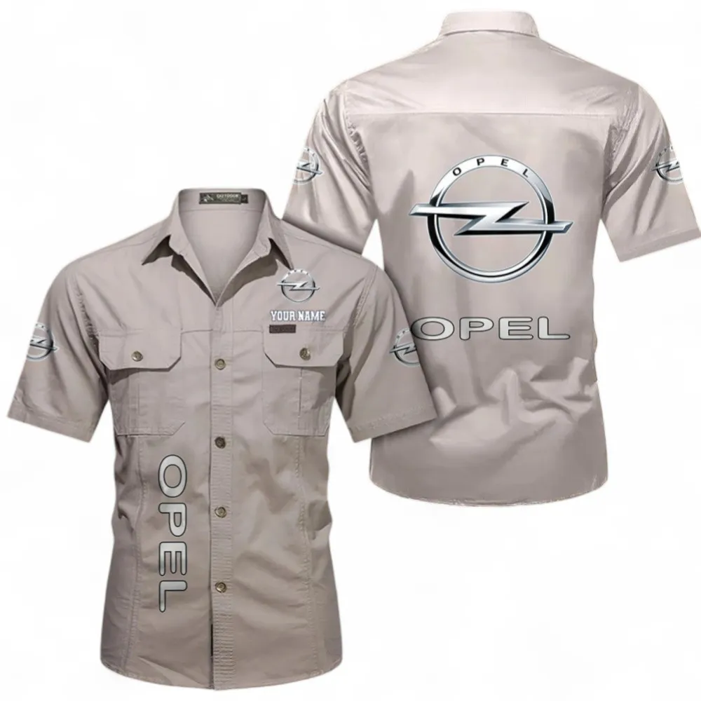 Classic Car Short Sleeved Shirt, Button up Shirt Exclusive Logo For Car Owners, Custom Name CAR392072125841-Beige