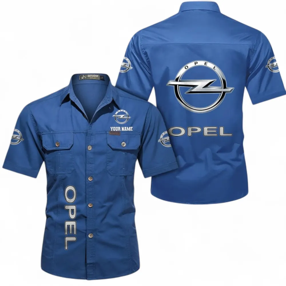Classic Car Short Sleeved Shirt, Button up Shirt Exclusive Logo For Car Owners, Custom Name CAR392072125841-Cowboy Blue