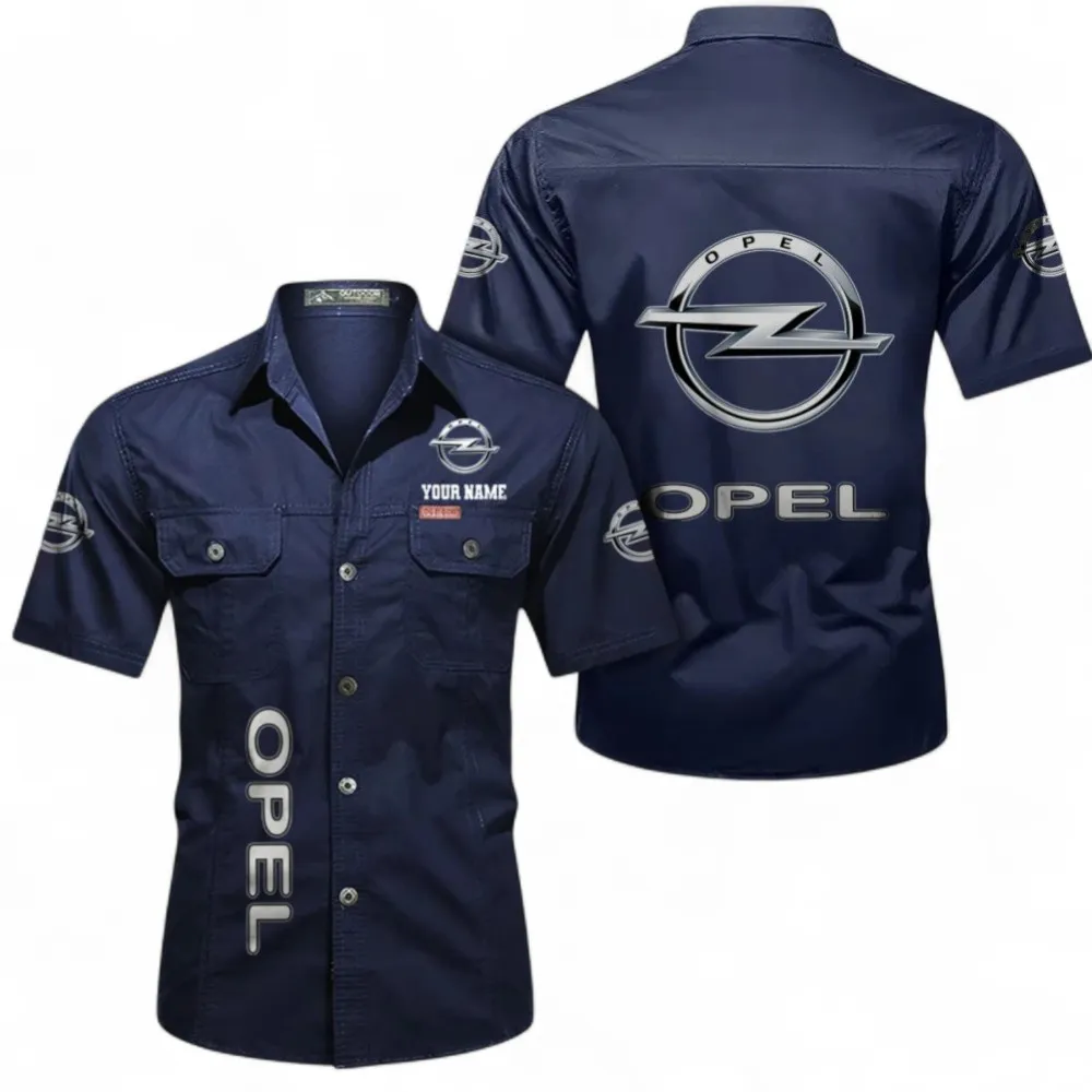 Classic Car Short Sleeved Shirt, Button up Shirt Exclusive Logo For Car Owners, Custom Name CAR392072125841-Dark Blue