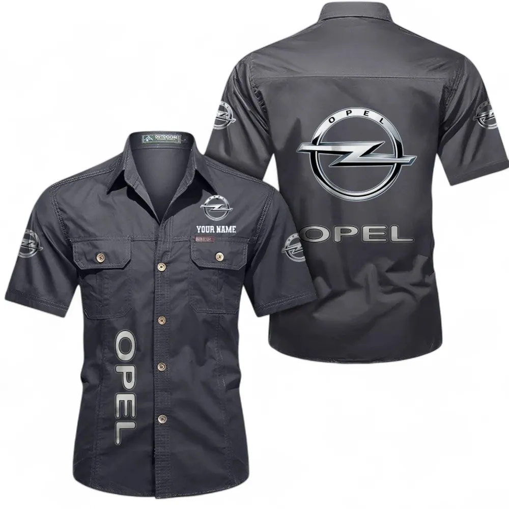 Classic Car Short Sleeved Shirt, Button up Shirt Exclusive Logo For Car Owners, Custom Name CAR392072125841-Gray