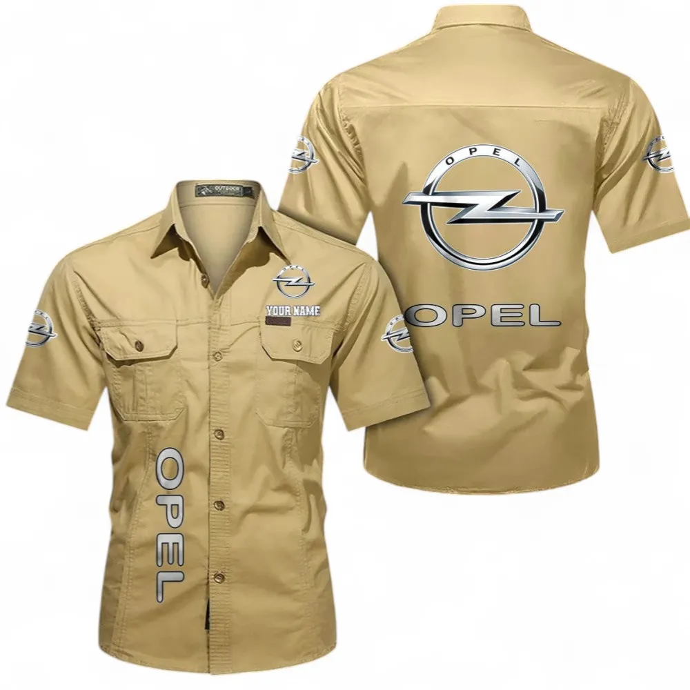 Classic Car Short Sleeved Shirt, Button up Shirt Exclusive Logo For Car Owners, Custom Name CAR392072125841-Khaki