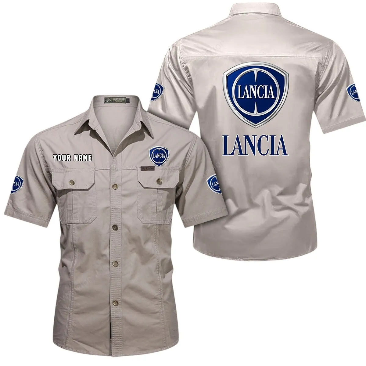 Classic Sedan Lovers Gift Short Sleeved Shirt, Button Up Shirt Exclusive Logo For Car Owners CAR444052625963 - Beige