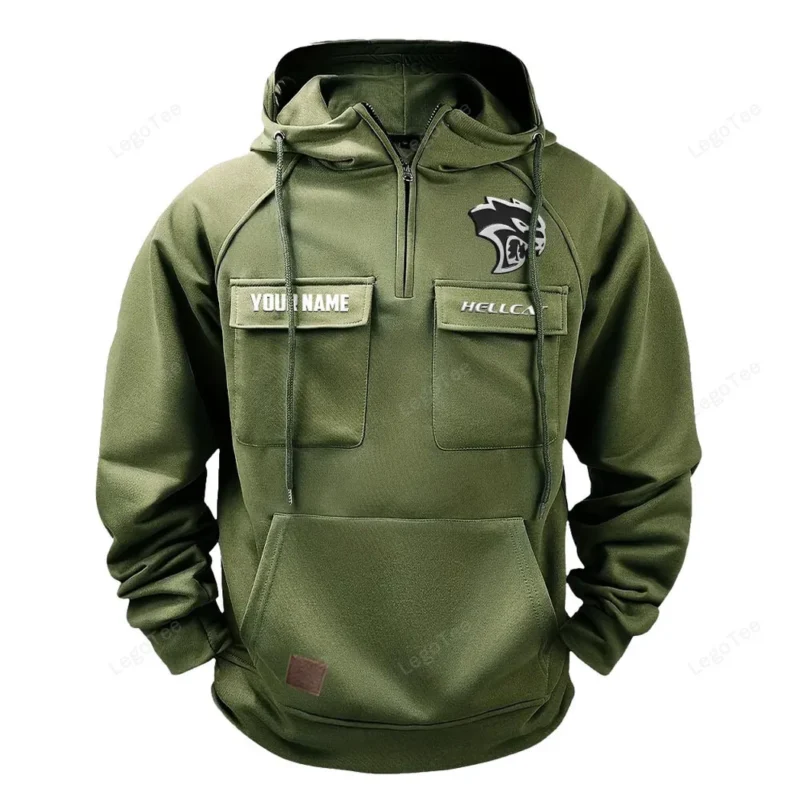 Muscle Car Hoodie Tactical Quarter Zip, Hoodie Exclusive Logo For Muscle Car Fan - Army Green