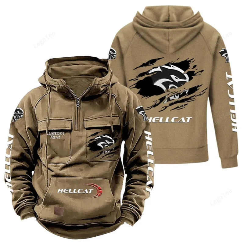 Muscle Car Hoodie Tactical Quarter Zip, Hoodie Exclusive Logo For Muscle Car Fan - Khaki