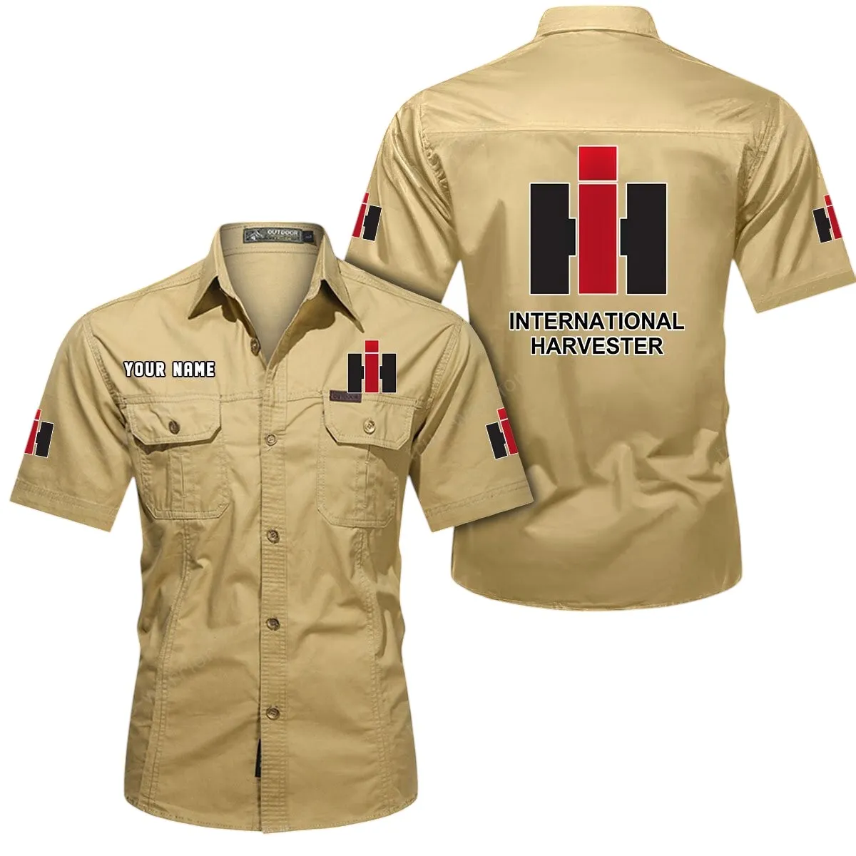 Farm Tractor Lovers Gift Short Sleeved Shirt, Button Up Shirt Exclusive Logo For Car Owners CAR444052625893 - Khaki