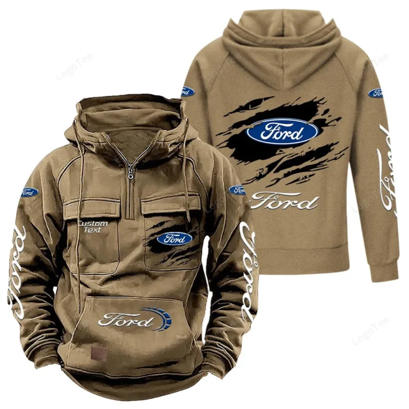 Vintage Car Hoodie Tactical Quarter Zip, Hoodie Exclusive Logo For Vintage Car Lovers - Khaki CAR122021425004-4