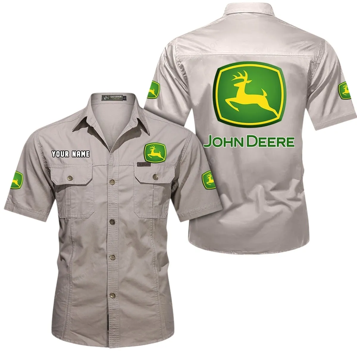 Green Tractors Lovers Gift Short Sleeved Shirt, Button Up Shirt Exclusive Logo For Car Owners CAR444052625940 - Beige