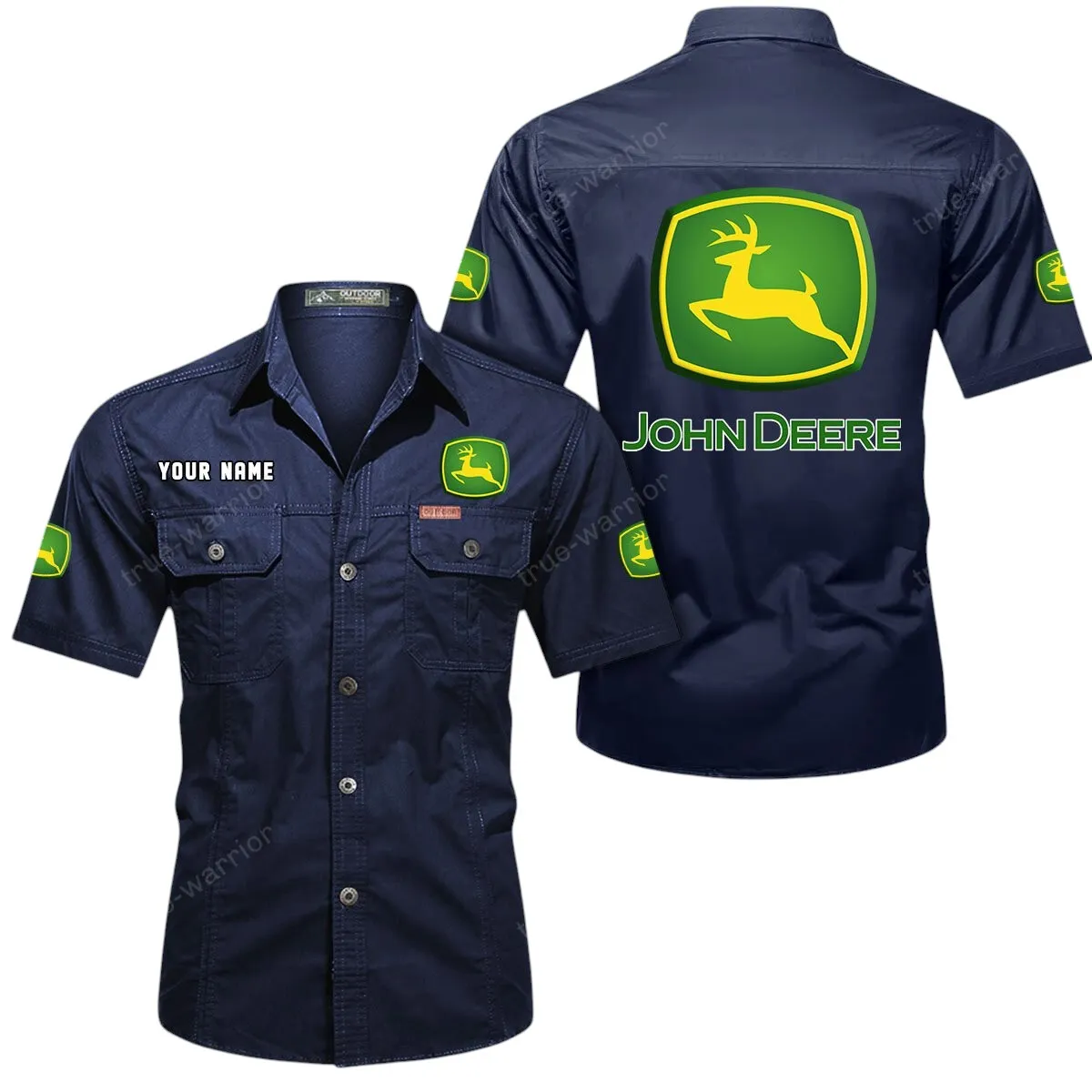Green Tractors Lovers Gift Short Sleeved Shirt, Button Up Shirt Exclusive Logo For Car Owners CAR444052625940 - Dark Blue