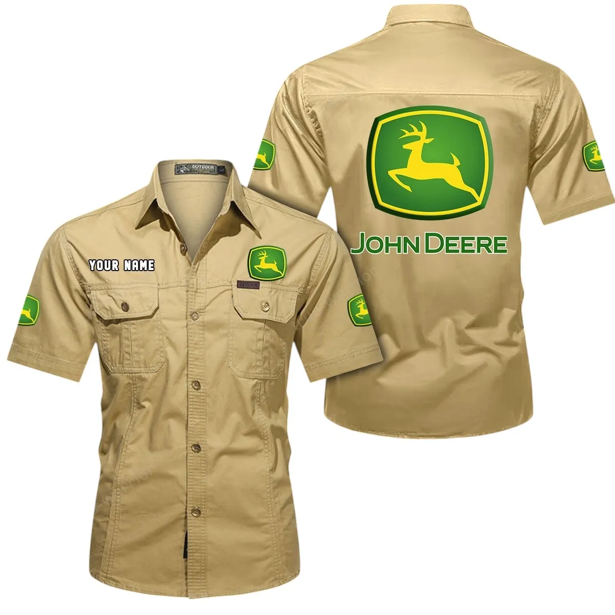Green Tractors Lovers Gift Short Sleeved Shirt, Button Up Shirt Exclusive Logo For Car Owners CAR444052625940 - Khaki
