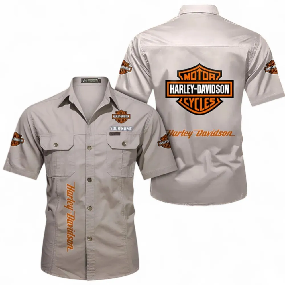 Harley-davidson Short Sleeved Shirt, Button up Shirt Exclusive Logo For Car Owners, Custom Name CAR392072125784-Beige