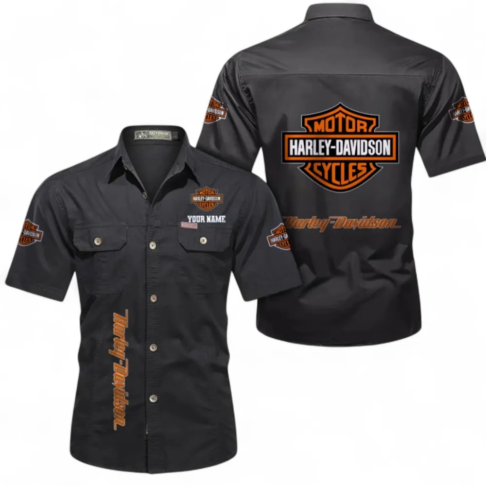 Harley-davidson Short Sleeved Shirt, Button up Shirt Exclusive Logo For Car Owners, Custom Name CAR392072125784-Black