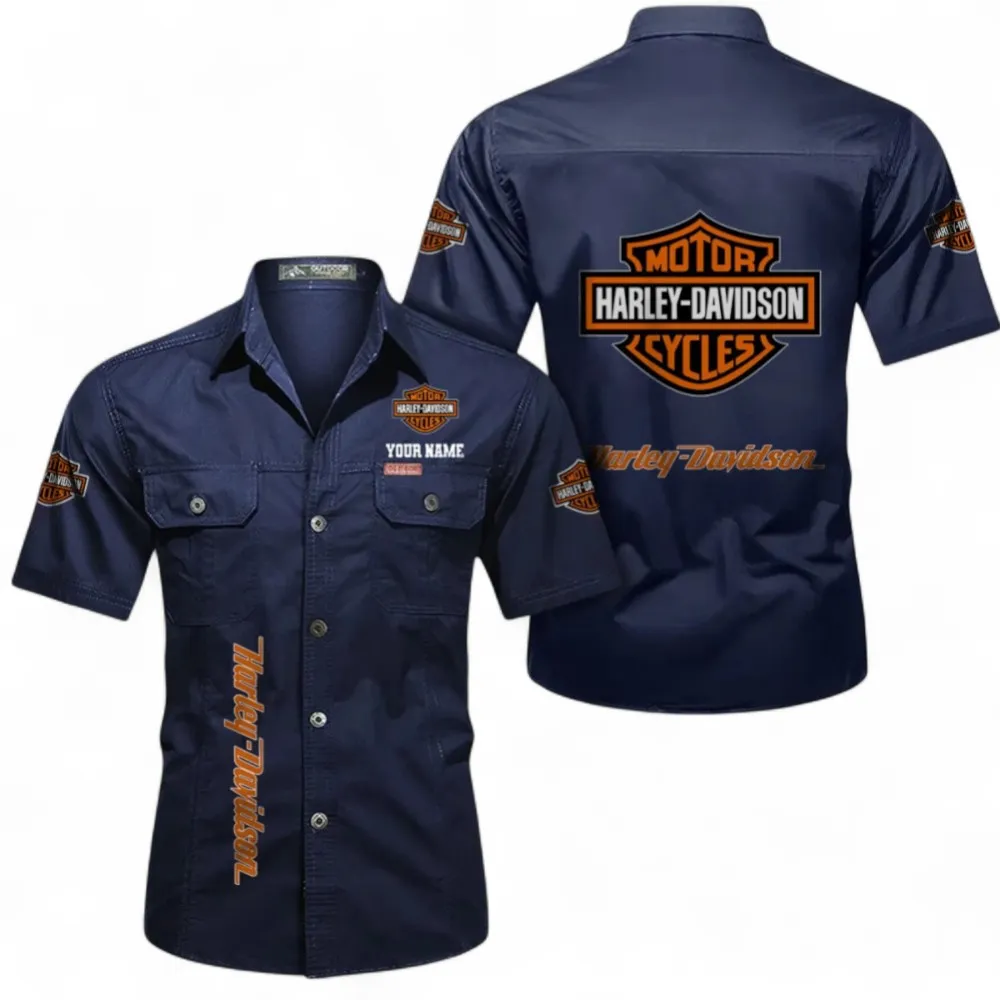 Harley-davidson Short Sleeved Shirt, Button up Shirt Exclusive Logo For Car Owners, Custom Name CAR392072125784-Dark Blue