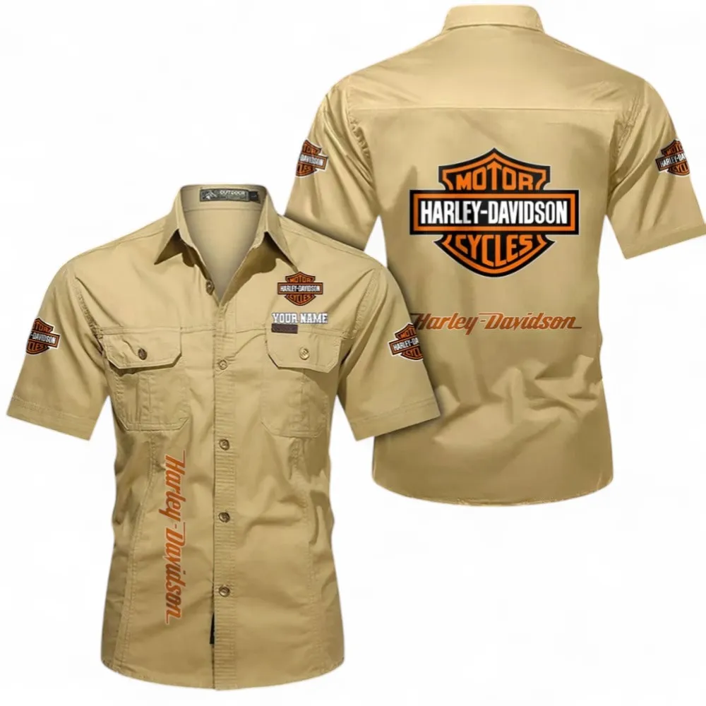 Harley-davidson Short Sleeved Shirt, Button up Shirt Exclusive Logo For Car Owners, Custom Name CAR392072125784-Khaki