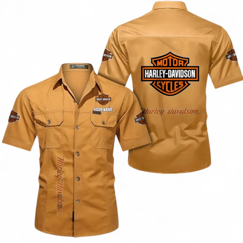 Harley-davidson Short Sleeved Shirt, Button up Shirt Exclusive Logo For Car Owners, Custom Name CAR392072125784-Turmeric