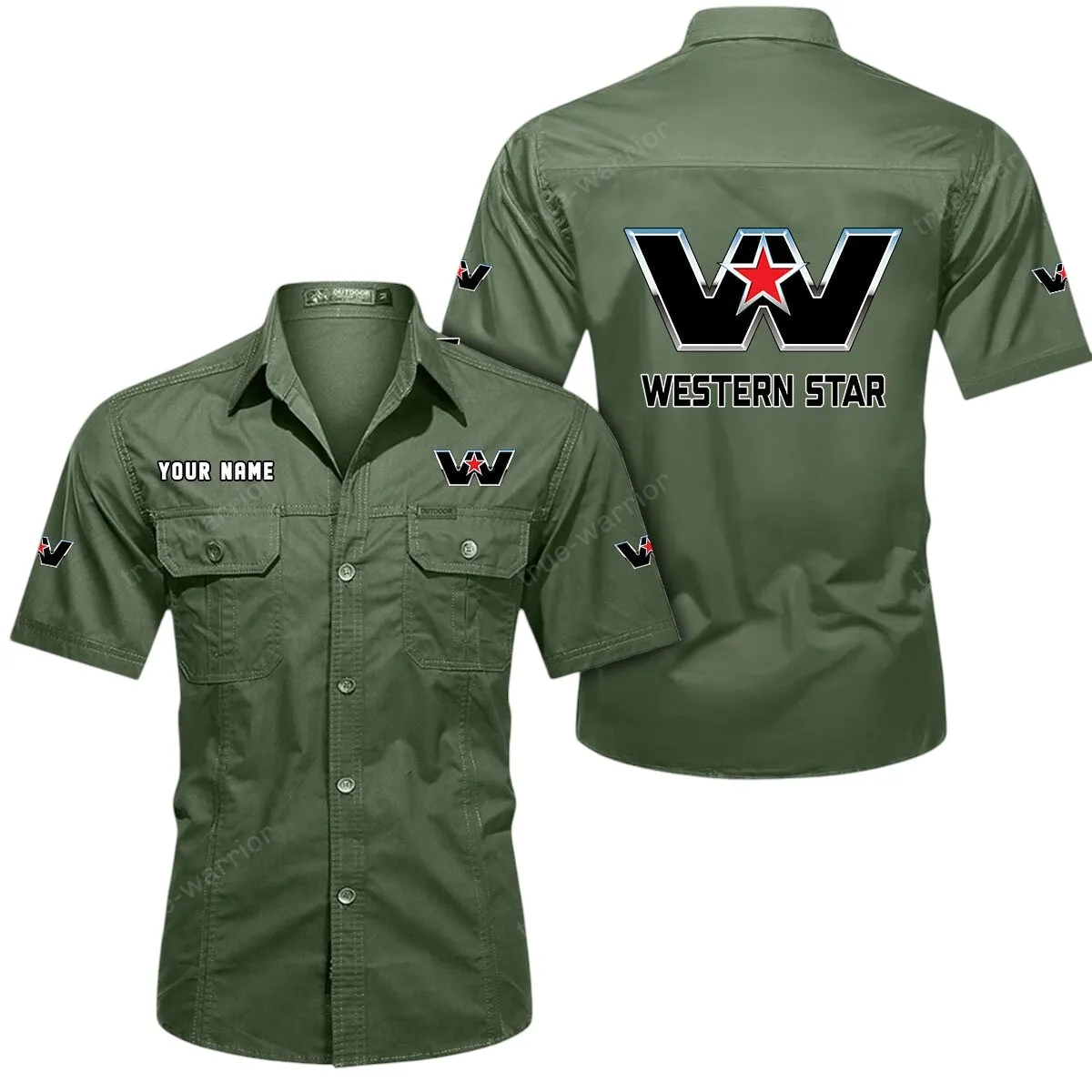 Heavy Duty Truck Lovers Gift Short Sleeved Shirt, Button Up Shirt Exclusive Logo For Car Owners CAR444052625890 - Army Green