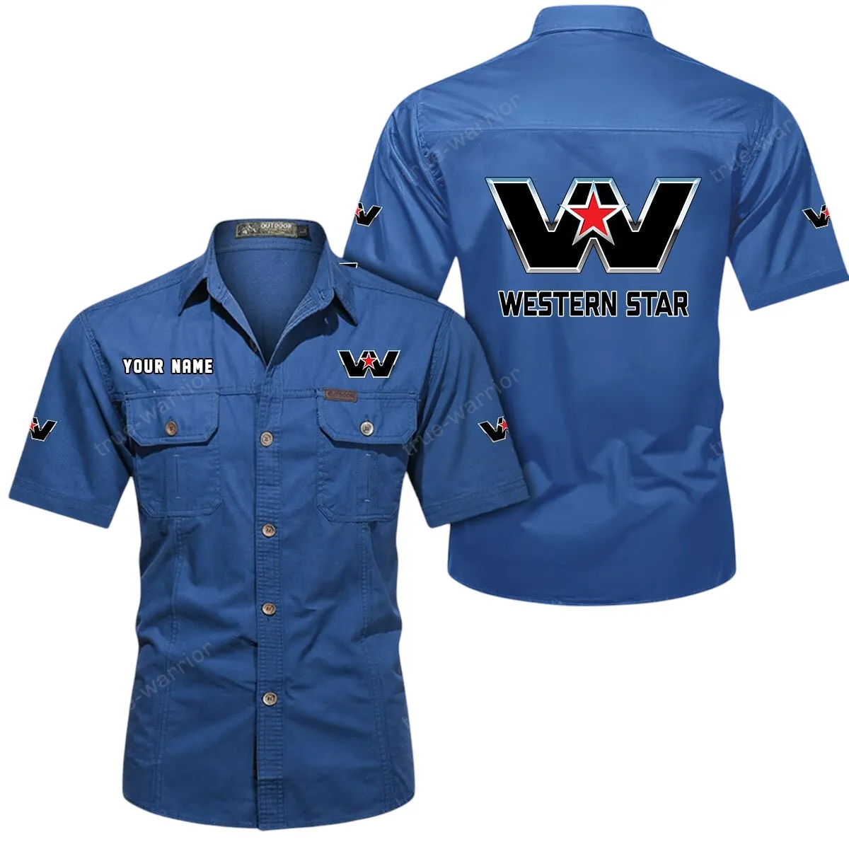 Heavy Duty Truck Lovers Gift Short Sleeved Shirt, Button Up Shirt Exclusive Logo For Car Owners CAR444052625890 - Cowboy Blue