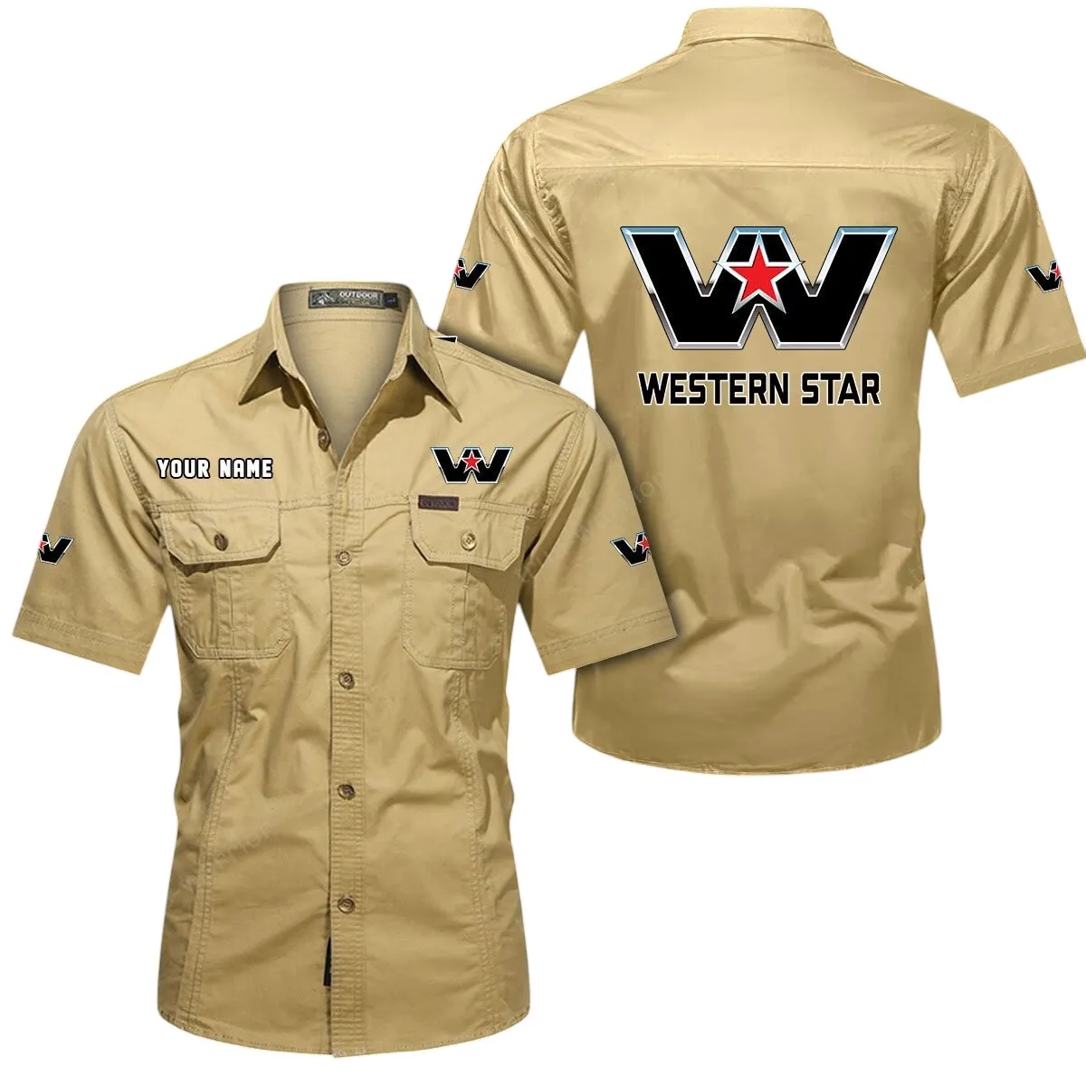 Heavy Duty Truck Lovers Gift Short Sleeved Shirt, Button Up Shirt Exclusive Logo For Car Owners CAR444052625890 - Khaki