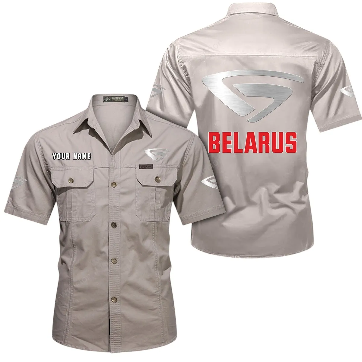 Heavy-Duty Truck Lovers Gift Short Sleeved Shirt, Button Up Shirt Exclusive Logo For Car Owners CAR444052625914 - Beige