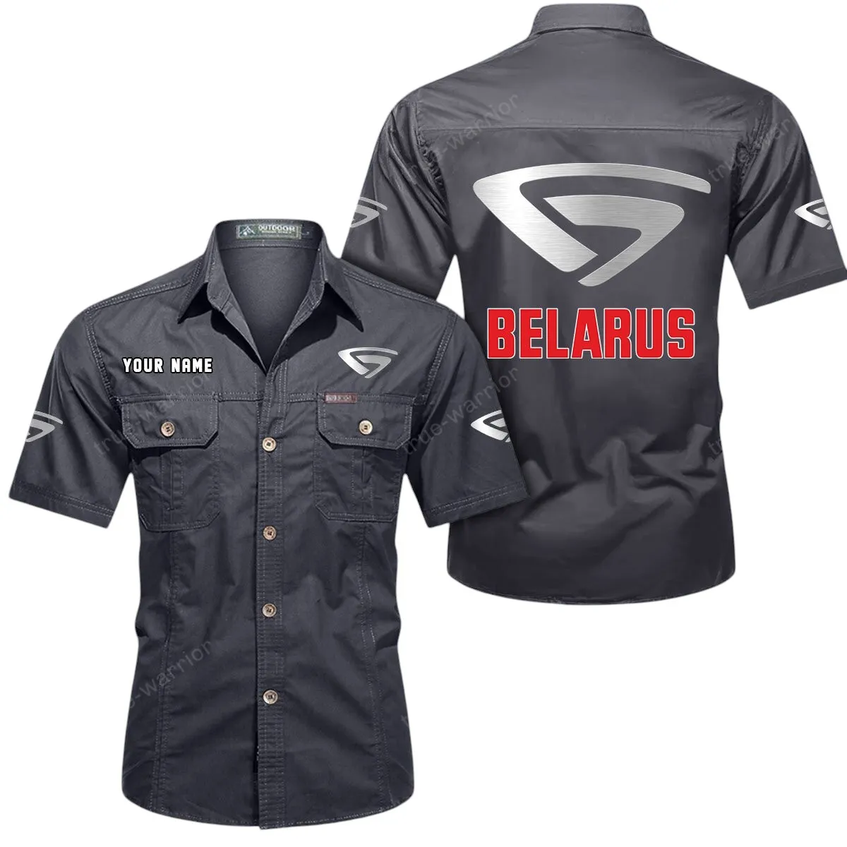 Heavy-Duty Truck Lovers Gift Short Sleeved Shirt, Button Up Shirt Exclusive Logo For Car Owners CAR444052625914 - Gray