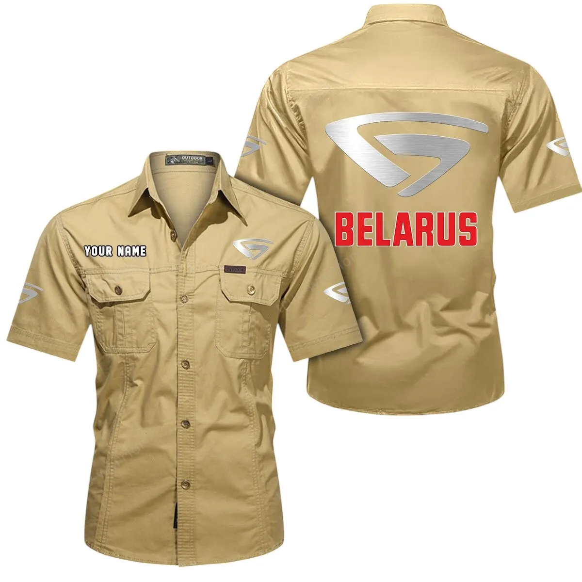 Heavy-Duty Truck Lovers Gift Short Sleeved Shirt, Button Up Shirt Exclusive Logo For Car Owners CAR444052625914 - Khaki