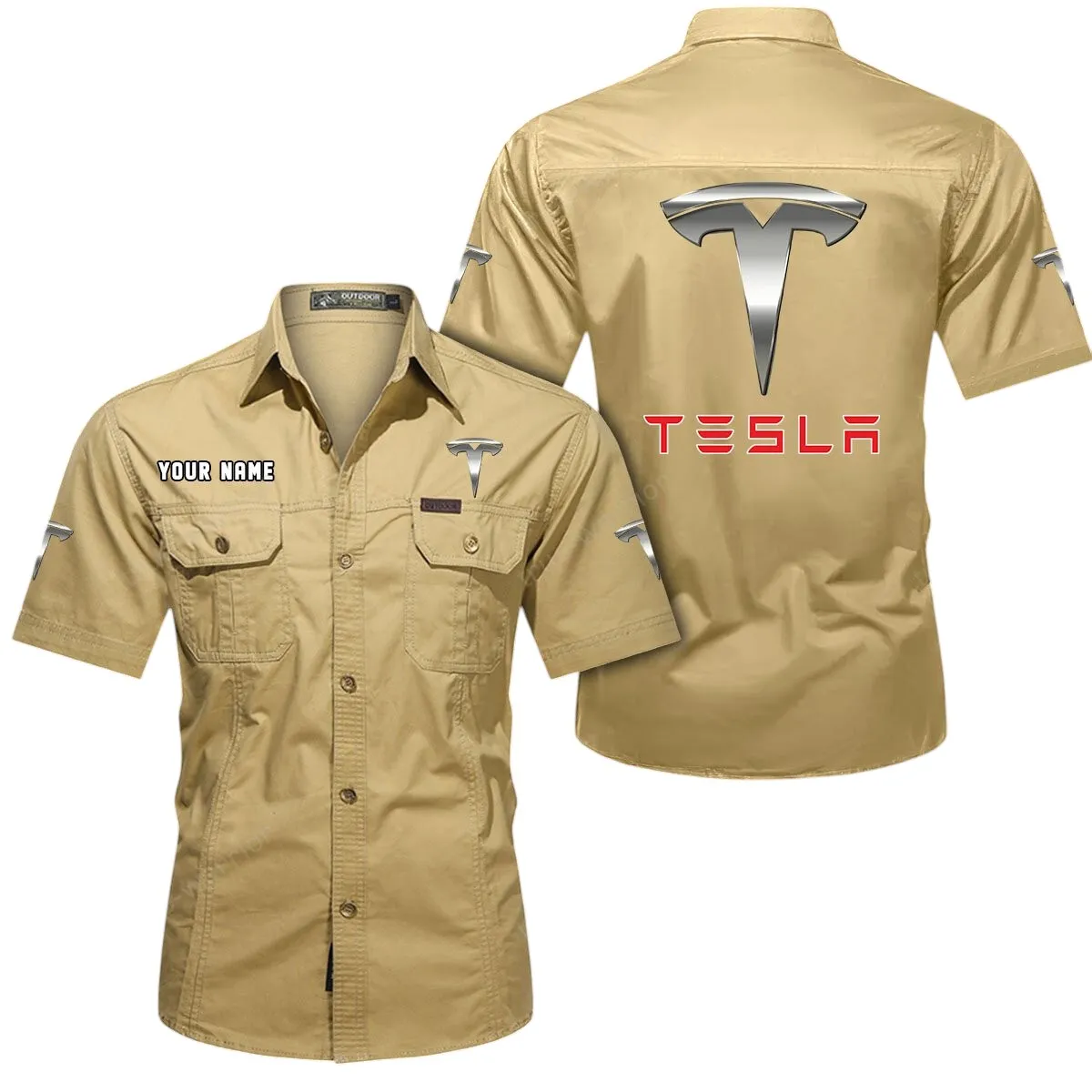 Hypercar Lovers Gift Short Sleeved Shirt, Button Up Shirt Exclusive Logo For Car Owners CAR444052625845 - Khaki
