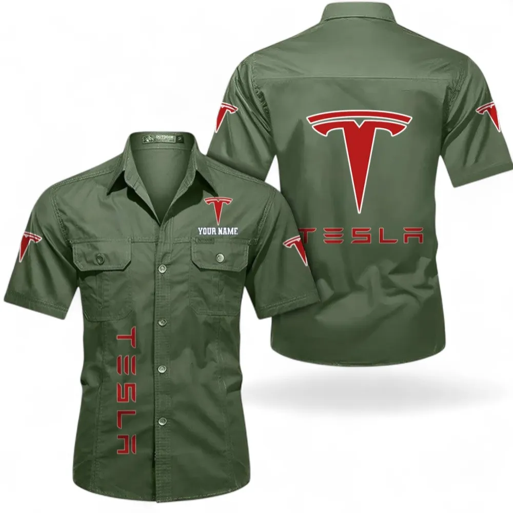 Hypercar Short Sleeved Shirt, Button up Shirt Exclusive Logo For Car Owners, Custom Name CAR392072125839-Army Green