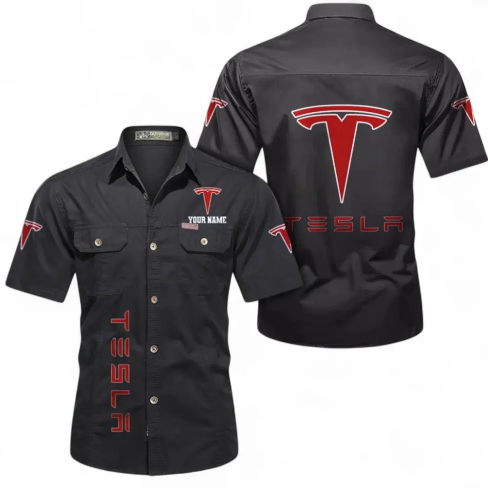 Hypercar Short Sleeved Shirt, Button up Shirt Exclusive Logo For Car Owners, Custom Name CAR392072125839-Black