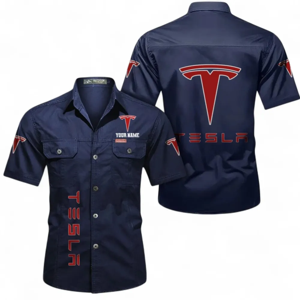 Hypercar Short Sleeved Shirt, Button up Shirt Exclusive Logo For Car Owners, Custom Name CAR392072125839-Dark Blue